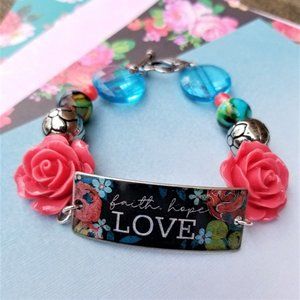 Bracelet. Faith Hope Love. Floral Roses. Turquoise Silver Black. Toggle. NWT